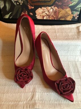 NY & Co Elegant Red Satin Pointed-Toe Pumps with Beaded Rosette.